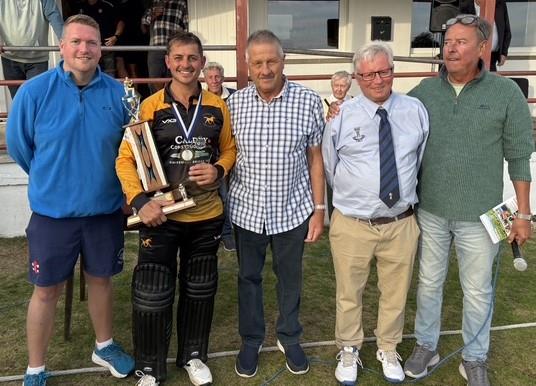 Man of the match adjudicators Simon Williams & Adrian Griffiths flank Troy and Glyn Cole , plus County Club chairman Martin Jones